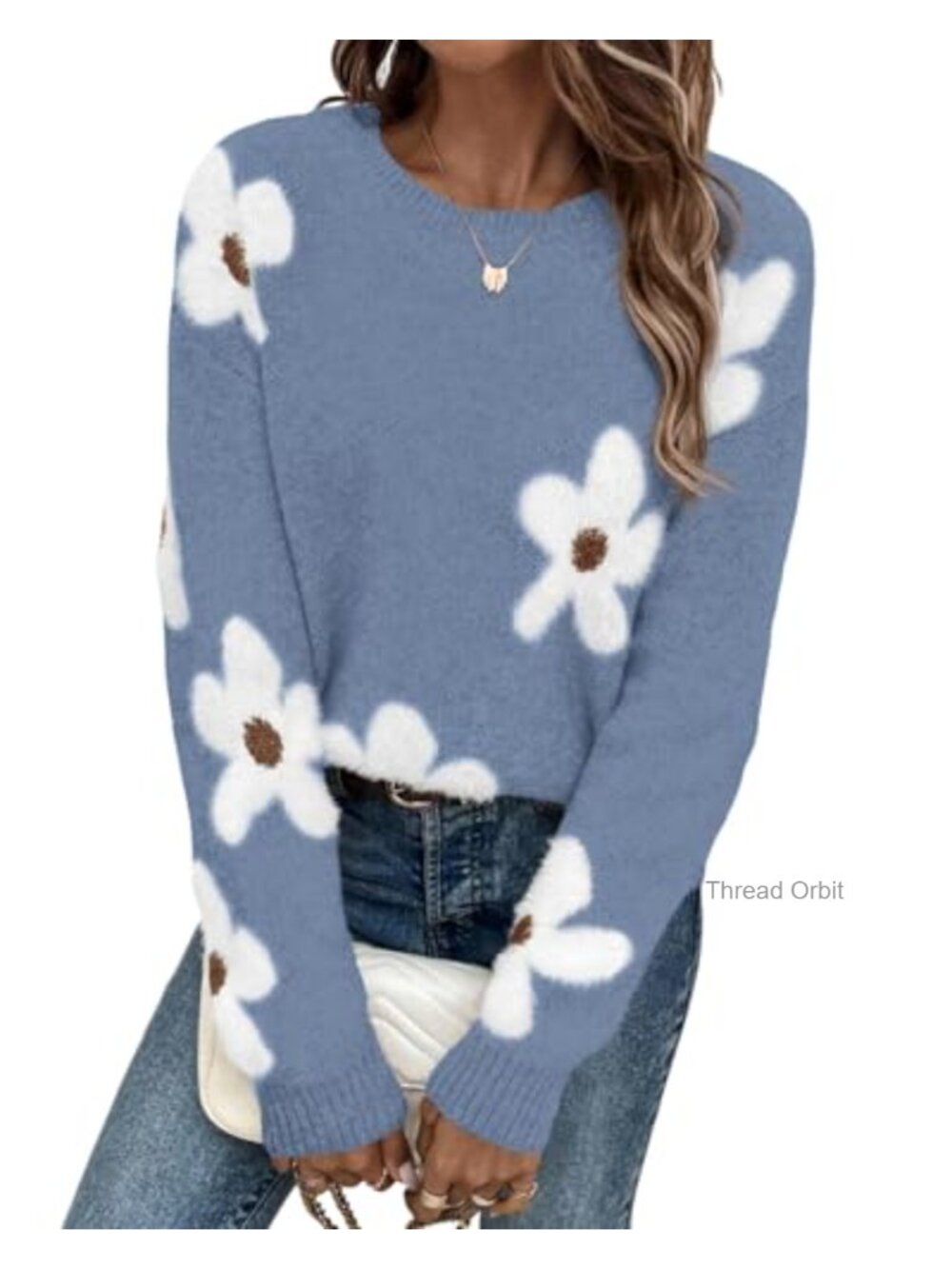 Women's Floral Chunky Knit Pullover Sweater Crew Neck Oversized